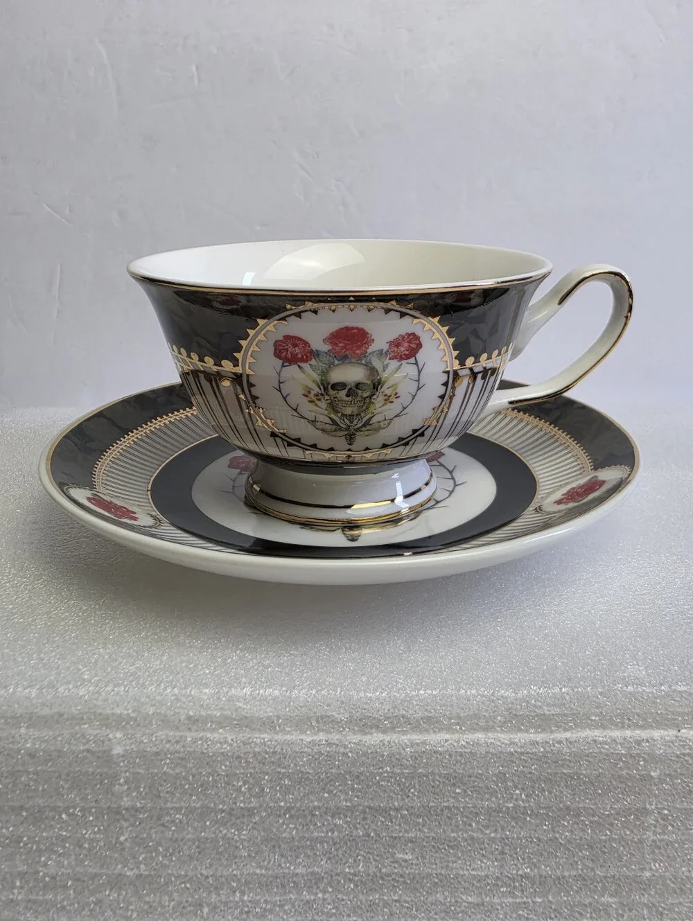 Park Chateau Elegance 2 Piece Skull Roses Moth Tea Cup and Saucer Gold Trim